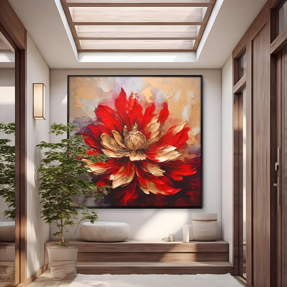 Tablou canvas cu pictura cu o floare rosie si aurie in relief, in rama de aluminiu negru
